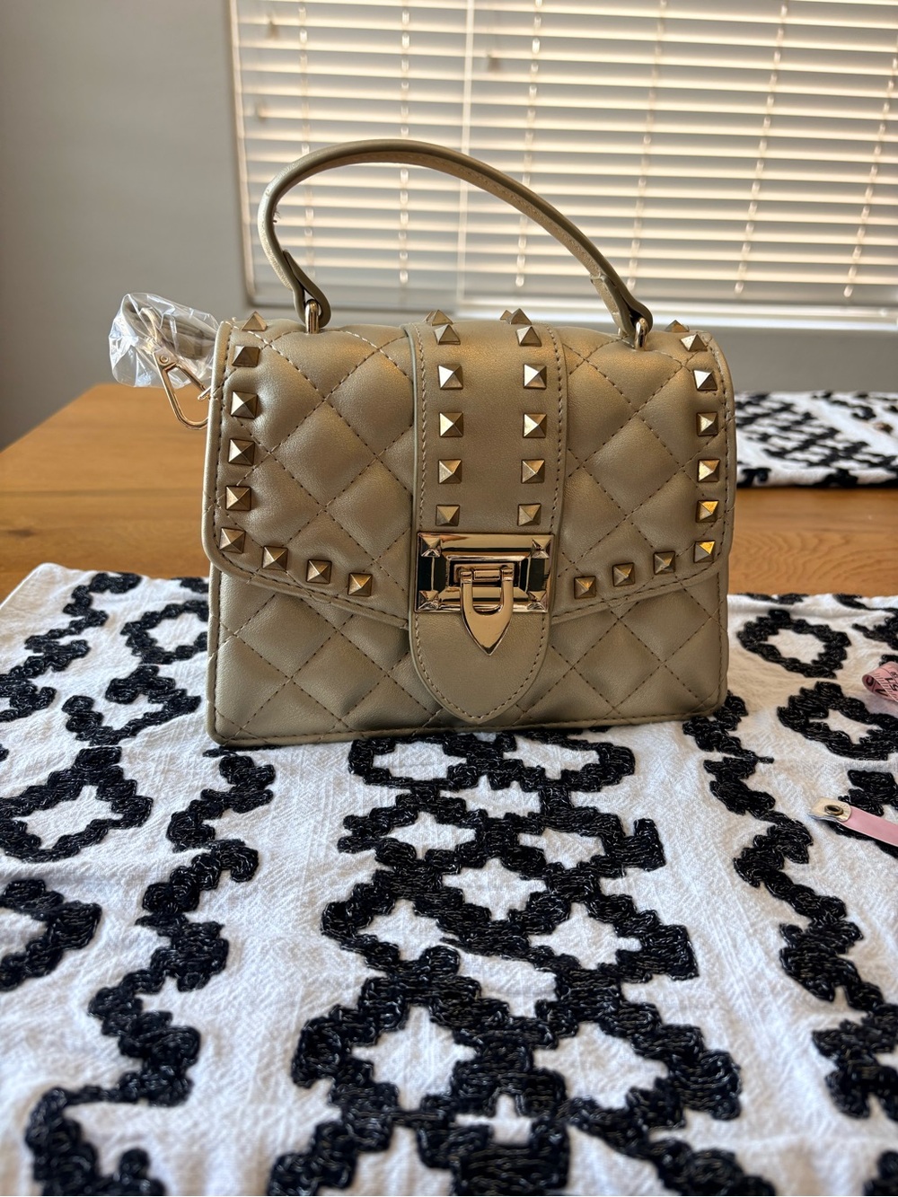 Boutique Gold Quilted Stud-Trim Top Handle Mini Purse Handbag Like New